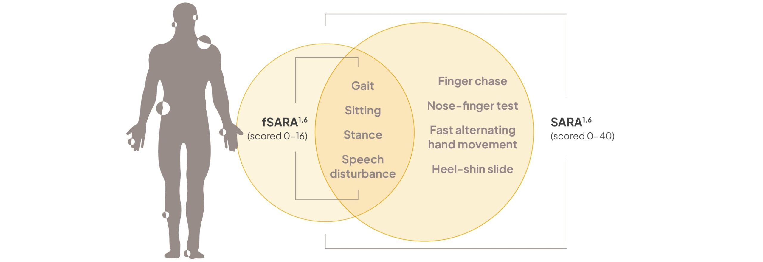 Desktop silhouette illustrating domains assessed in fSARA and SARA trials for Niemann-Pick disease type C